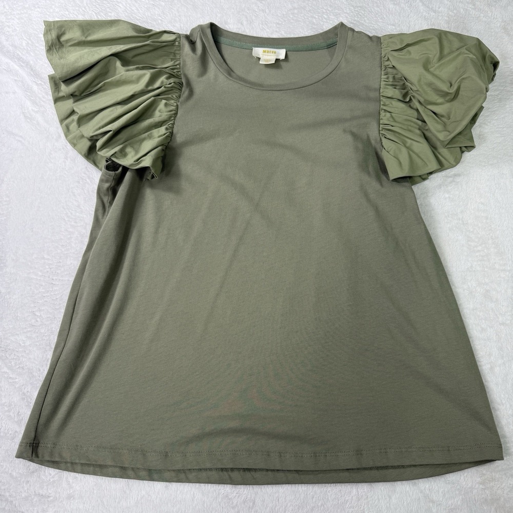 MAEVE Anthropologie Flutter Sleeve‎ Green Top Large Olive Green Puff Sleeve